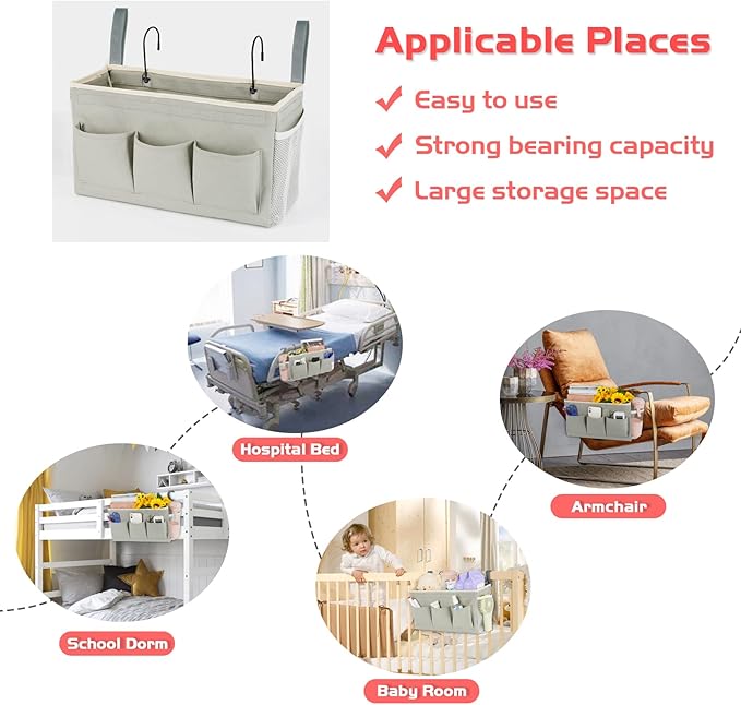 Loghot Bedside Caddy/Bedside Storage Bag Hanging Organizer for Bunk and Hospital Beds,Dorm Rooms Bed Rails,Can be Placed Glasses,Books,Mobile Phones,Keys (New Grey)