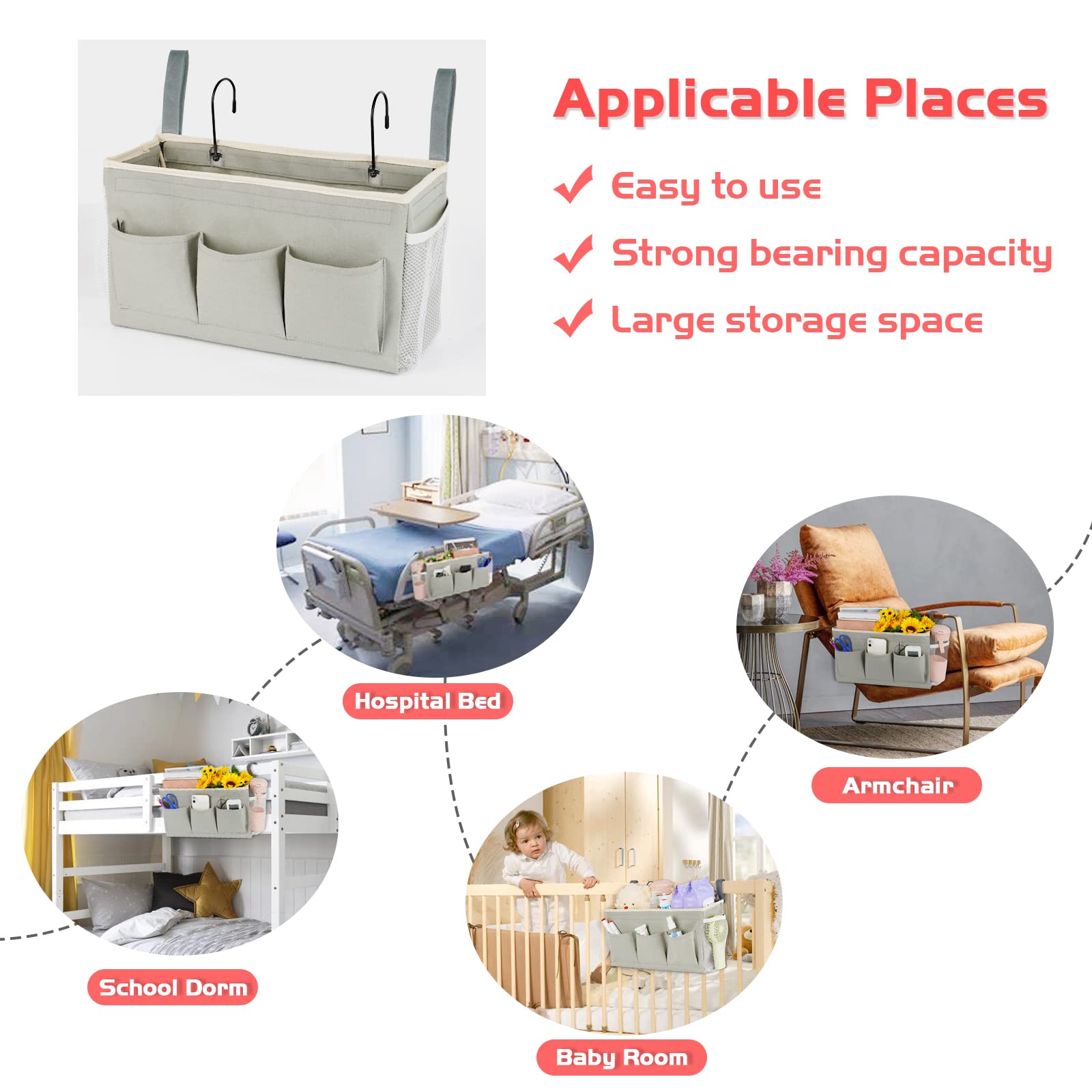 Loghot Bedside Caddy/Bedside Storage Bag Hanging Organizer for Bunk and Hospital Beds,Dorm Rooms Bed Rails,Can be Placed Glasses,Books,Mobile Phones,Keys (Light Pink) Dormly