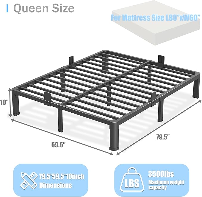 10 inch Queen Bed Frame with Round Corner Legs Mattress Slide Stopper,Low Profile Heavy Duty Metal Platform,Steel Slats Support,No Box Spring Needed,Easy Assembly,Noise Free
