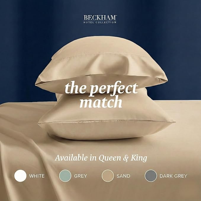 Beckham Hotel Collection 100% Cotton Pillow Cases King Size Set of 2, 500TC, Luxury Sateen Pillowcases, Open End, Breathable, Moisture-Wicking, Sand