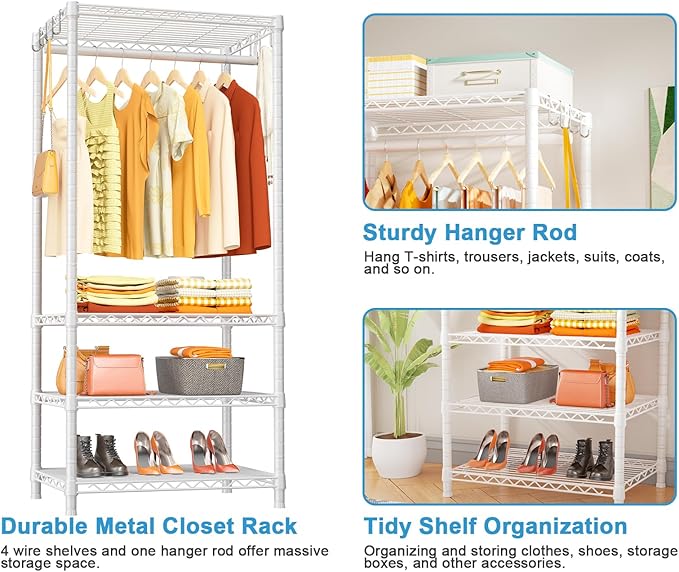 Ulif H4 Mini Portable Closet, 4 Tiers Freestanding Clothing Garment Rack for Small Space, Metal Clothes Wardrobe System for Bedroom, 23.6" W x 14" D x 76.4" H, Load 502 lbs, White