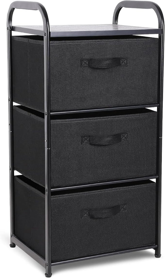 MAX Houser Dresser Storage with 3 Easy Pull Fabric Drawers, Fabric Dresser Tower,Vertical Storage Unit for Bedroom,Chest of Drawers with Metal Frame, Wooden Tabletop, for Living Room, Closet (Black)