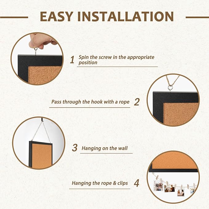 Double-Sided Cork Board for Wall, 16" x 12" Hanging Wood Framed Small Bulletin Board, Picture Display Vision Board Corkboards for Wall Room School Office Decor, 20 Pushpins (Black)