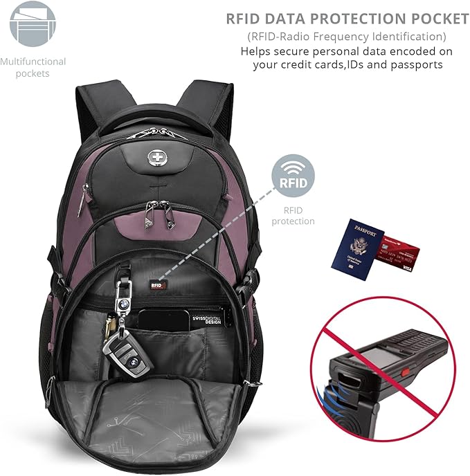 Swissdigital Design Laptop Backpack with USB Charging Port, Travel Backpack Fits 15.6 inches Computer, 31L College School Backpack for Women, Light Purple/Black | SD803-85