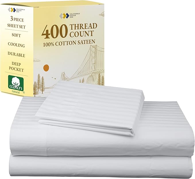 California Design Den Striped Twin Sheets Set - Soft 400 Thread Count Sateen, Natural 100% Cotton Sheets Twin Size Bed Set with Deep Pockets, and Durable Bedding - Striped White