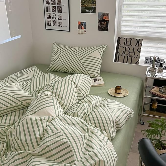 VM VOUGEMARKET Cotton Duvet Cover Set Queen,Green Stripes Geometric Bedding Set (1 Stripes Duvet Cover+2 Pillowcases) Simple Modern Men Comforter Cover with Zipper Closure