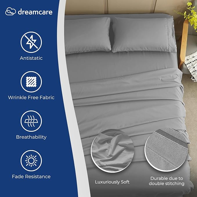 DREAMCARE King Size Sheets Set – 4 pcs Cooling Sheets – up to 21” Deep Pocket King Sheet Set – Hotel Luxury Sheets & Pillowcases – Superior Softness 100% Fine Microfiber with Side Pocket – Light Gray DREAMCARE