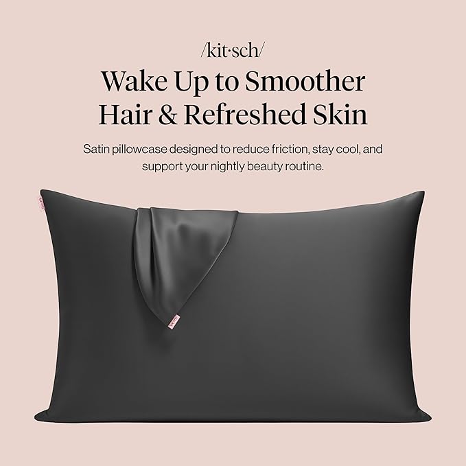 Kitsch Satin Pillowcase with Zipper for Hair & Skin, Softer Than Silk Pillow Cases Queen Size Set of 2, Wrinkle-Free, Smooth and Cooling Satin Pillow Covers, Standard Size 19"x26" - Charcoal, 2pcs