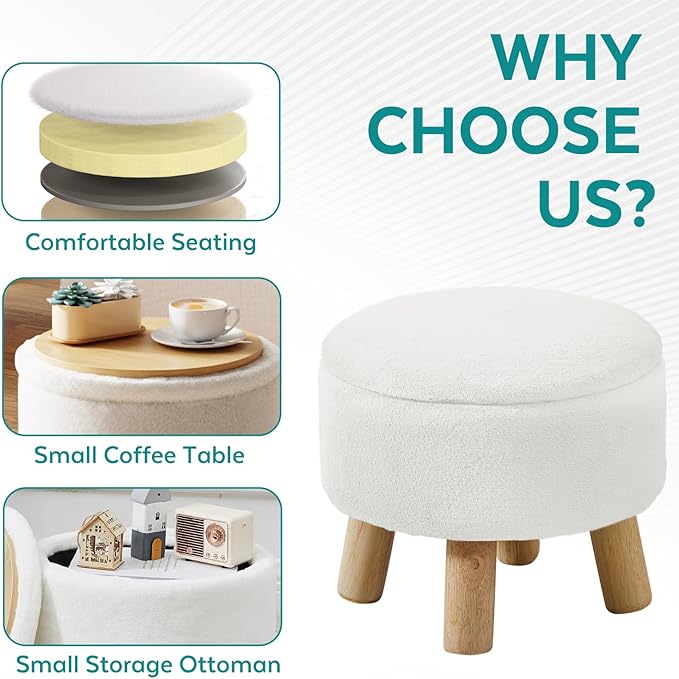 Small Foot Stool Ottoman with Storage, Soft Faux Fur Ottoman Foot Rest for Couch, Round Footstool with Storage, Small Ottomans and Footstools for Living Room and Entryway (White)