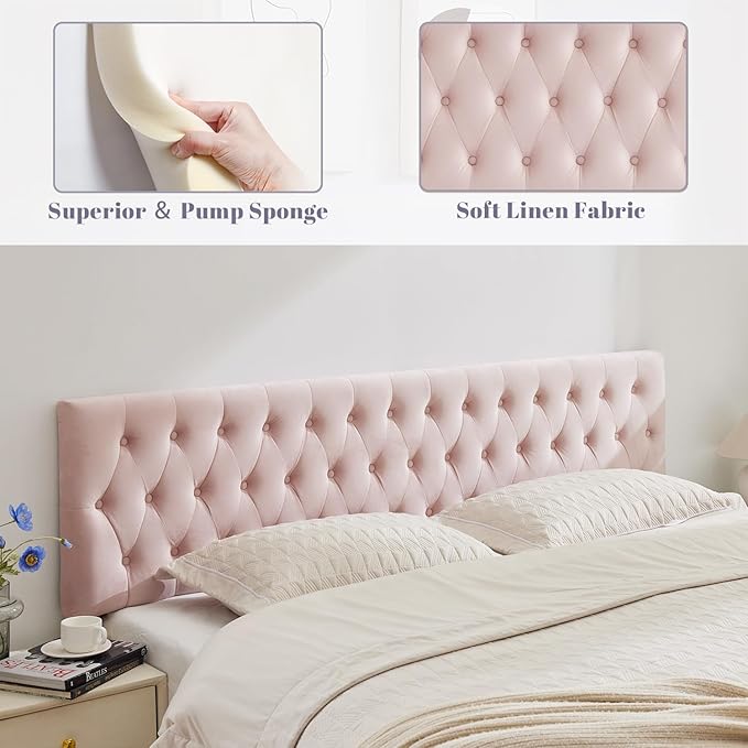 Kingfun Headboards in Modern Button Design, Premium Velvet Fabric Upholstered Tufted Bed Headboard, Adjustable Solid Wood Head Board (Pink, Twin)