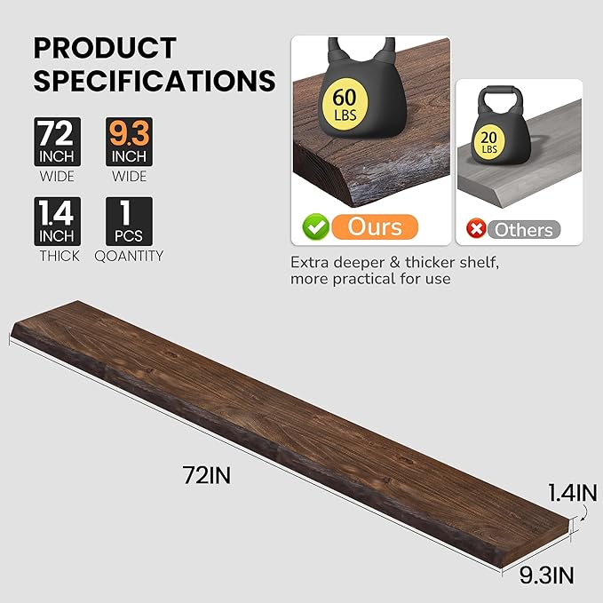 Floating Shelves for Wall, 72"x9.3" Rustic Solid Live-Edge Elm Wood Wall Shelves, Heavy-Duty Floating Shelves with Invisible Brackets, Set of 2 for Living Room, Bedroom, and Kitchen, Grey Finish