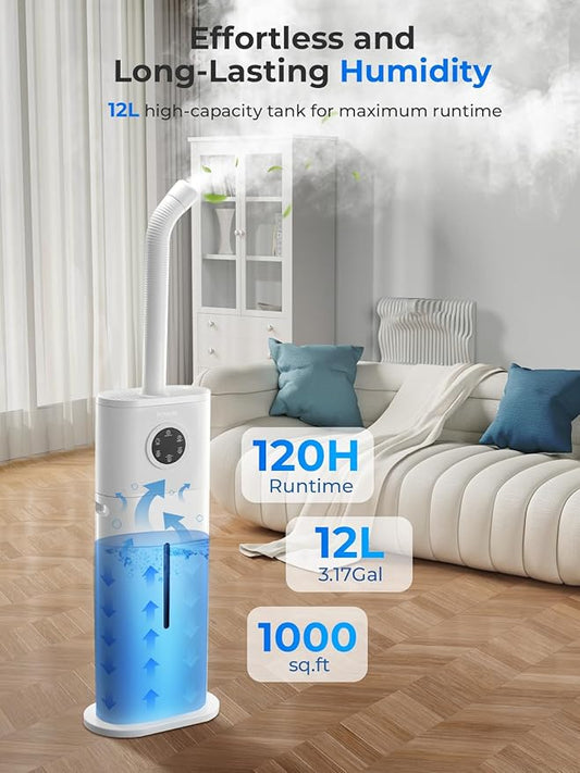 Humidifier for Large Room Home, 12L/3.17Gal Top Fill Cool Mist Ultrasonic Floor Quiet Humidifiers for Baby and Plants with Customized Humidity, Timer, Sleep Mode, Auto Shut Off, Quiet, White