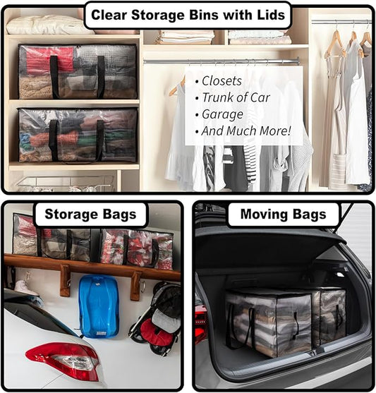 ClearSpace Heavy Duty Moving Bags or Storage Bags – Clear Storage Bins with Lids, Large Moving Boxes with Backpack Straps & Zippers,– Packing Box & Moving Supplies for College Dorm, 3 Pack