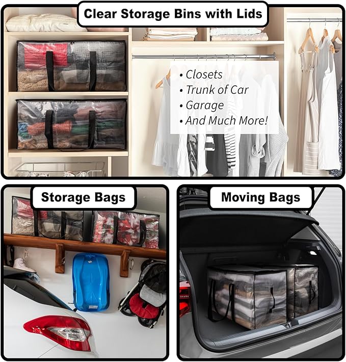ClearSpace Heavy Duty Moving Bags or Storage Bags – Clear Storage Bins with Lids, Large Moving Boxes with Backpack Straps & Zippers,– Packing Box & Moving Supplies for College Dorm, 5 Pack