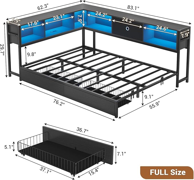 Hasuit Full Corner Bed Frame with Storage Drawers and Bookcase Headboard, Full Size Metal Platform Corner Bed Frame with Charging Station and LED Lights, Full Daybed for Kids Teens Guests, Black