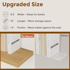Fun Memories 72 Inch Floating Shelves for Wall, 72x9.3 Large Floating Shelf for Bedroom, Kitchen, Bathroom, Wall Mounted Rustic Wood Shelves with Invisible Bracket for Books, Decor, Oak