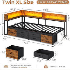 VIAGDO Corner Bed Frame with Storage Bookcase and 6 Drawers, Twin XL Metal Platform Corner Bed Frame with LED Lights and Charging Station, Twin XL Daybed for Kids Teenagers, Rustic Brown & Black