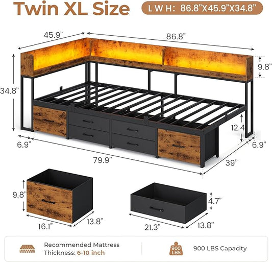 VIAGDO Corner Bed Frame with Storage Bookcase and 6 Drawers, Twin XL Metal Platform Corner Bed Frame with LED Lights and Charging Station, Twin XL Daybed for Kids Teenagers, Rustic Brown & Black