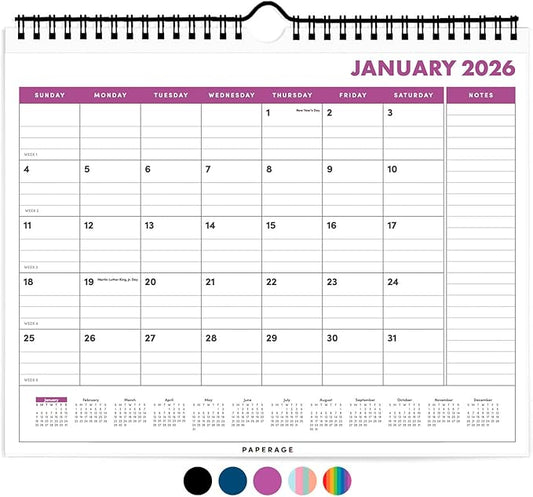 PAPERAGE 2026 Calendar, 12 Months (January 2026 - December 2026), Small (9 in x 11 in), Minimalist Wall and Desk Calendar with Monthly Views, Yearly Plans & Notes Section – Raspberry