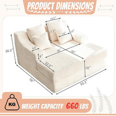 55 Inch Chaise Lounge Indoor - Oversized Chaise Lounge with 4 Throw Pillows and Armrets, Upholstered Plush Sofa Bed, Corduroy Lazy Chair Bed, Sleeper Chair for Living Room or Bedroom, Beige