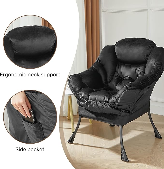 HollyHOME Lazy Chair with Armrest and Side Pocket, Comfy Accent Lounge Chair,Leisure Sofa Armchair for Living Room, Bedroom, Dorm, or Small Spaces, Oversized Reading Sofa Chair,Velvet Black