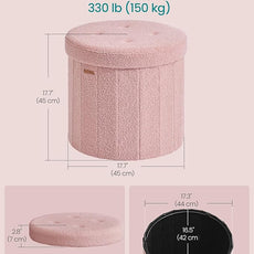 SONGMICS Mazie Collection - Round Storage Ottoman, Folding Footrest Stool with Removable Lid, Easy Assembly, Teddy Fleece Vanity Stool for Bedroom, Living Room, Entryway, Jelly Pink ULSF606R01