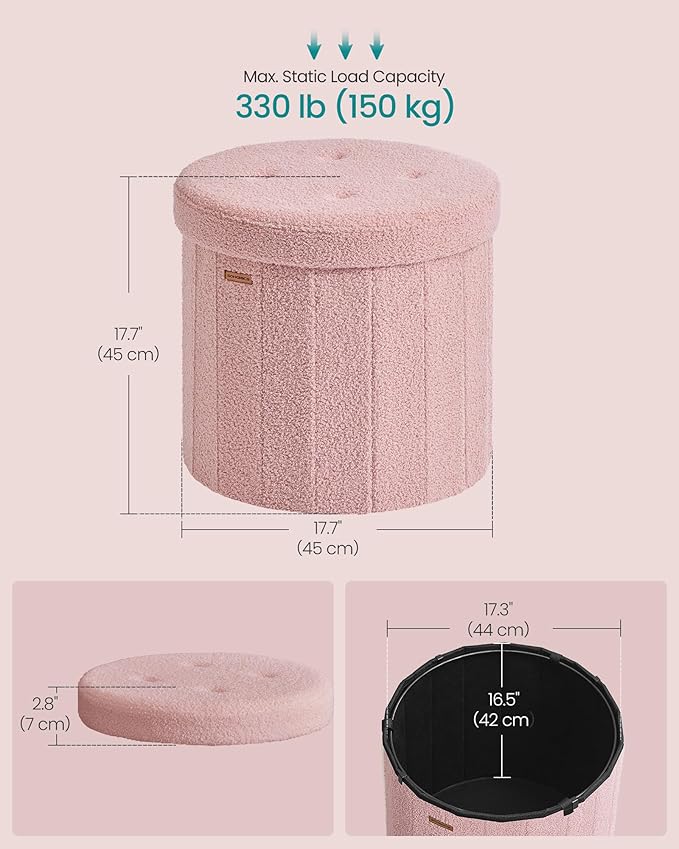 SONGMICS Mazie Collection - Round Storage Ottoman, Folding Footrest Stool with Removable Lid, Easy Assembly, Teddy Fleece Vanity Stool for Bedroom, Living Room, Entryway, Jelly Pink ULSF606R01