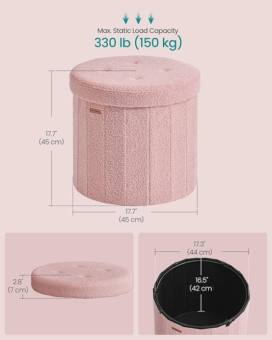 SONGMICS Mazie Collection - Round Storage Ottoman, Folding Footrest Stool with Removable Lid, Easy Assembly, Teddy Fleece Vanity Stool for Bedroom, Living Room, Entryway, Jelly Pink ULSF606R01