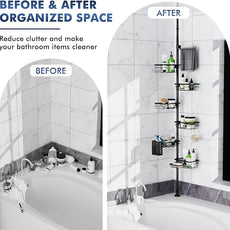 Shower Caddy Organizer Tension Pole, Rustproof 6-Pack Corner Shelf with 30-120 Inch Adjustable Shower Rack for Inside Shower, Extra Towel Bar & Soap Dish for Bathroom Organizers and Storage, Black