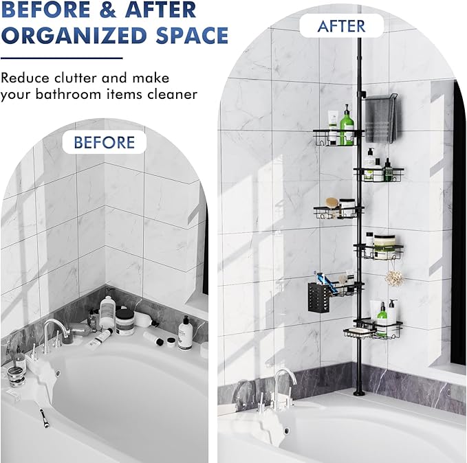 Shower Caddy Organizer Tension Pole, Rustproof 6-Pack Corner Shelf with 30-120 Inch Adjustable Shower Rack for Inside Shower, Extra Towel Bar & Soap Dish for Bathroom Organizers and Storage, Black