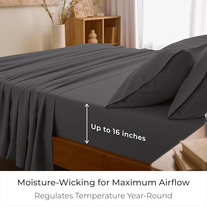 Mellanni Twin XL Sheet Set - 4-Piece Iconic Collection Bedding, (Including 2 Pillowcases), 16-Inch Deep Pocket, Easy Care, Extra Soft, Cooling Sheets, Brushed Microfiber - Gray