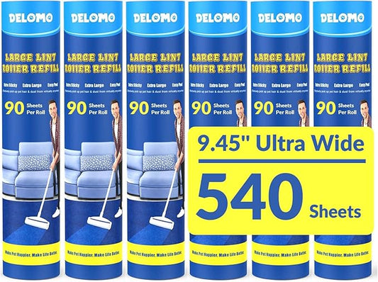 DELOMO Large Lint Roller Refills (6 Pack, 540 Sheets) – Compatible Only with DELOMO 9.45 in Giant Lint Roller – Extra Sticky Floor Lint Roller Refill for Carpets, Beds, Couches, Cars & Pet Hair