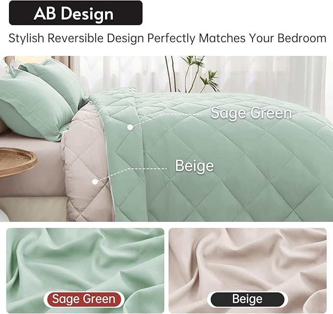 MUXHOMO 7 Pieces Full Comforter Set, Reversible Bed in a Bag Full Size, All Season Bedding Set with Comforter, Flat Sheet, Fitted Sheet, Pillowcases & Shams, Sage Green & Beige