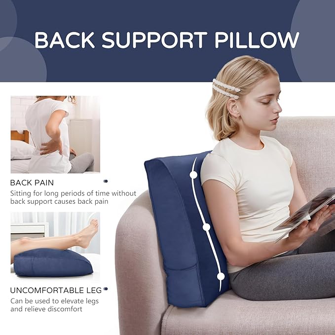 Daneey 2PCS Back Pillow for Sitting in Bed, Back Support Pillow for Couch, Back Pillow for Couch Replacement, Removable Velvet Cover, Blue