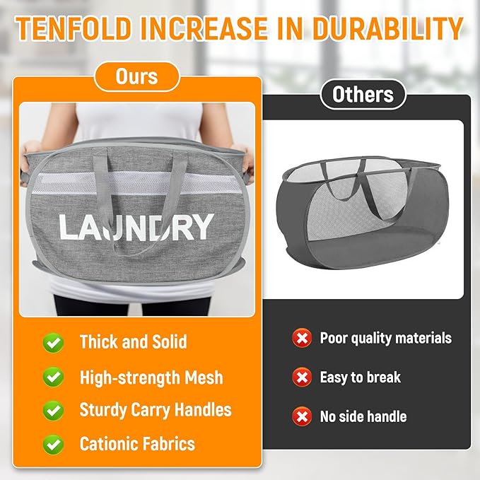 Collapsible Laundry Baskets with Lid, Foldable Clothes Hamper with Reinforced Handles, Sturdy Pop Up Hampers for Laundry, Tear Proof & Easy to Carry Laundry Hamper for Home, Dorm, Travel Grey