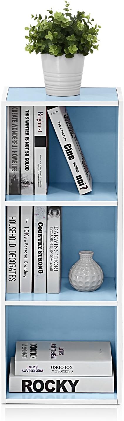 Furinno LUDER Book Shelf, 3-Cube Bookshelf, Bookcase with Open Shelves, 9.3 x 12 x 31.5, for Living Room, Bedroom, Home Office, White/Light Blue