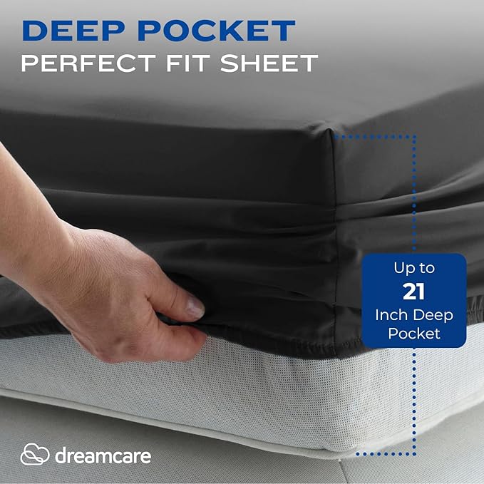 DREAMCARE King Size Sheets Set – 4 pcs Super Soft & Lightweight Cooling Sheets – up to 21” Deep Pocket King Sheet Set – Hotel Luxury Sheets & Pillowcases – 100% Fine Microfiber with Side Pocket Gray