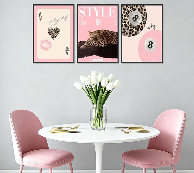 3Pcs Trendy Pink Leopard Wall Art Preppy Leopard Lucky 8 Ball Posters Printings Y2k Coquette Funky Cheetah Aesthetic Room Wall Decor for College Apartment Girls Bedroom Home Decoration 16x24in
