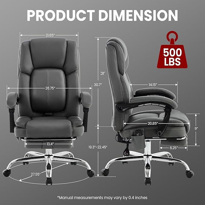 Massage Office Chair with Heat, Desk Chairs Executive with Foot Rest, Reclining Chair Big and Tall for Heavy People,4 Points Vibration 500lbs,Adjustable Lumar Support Grey