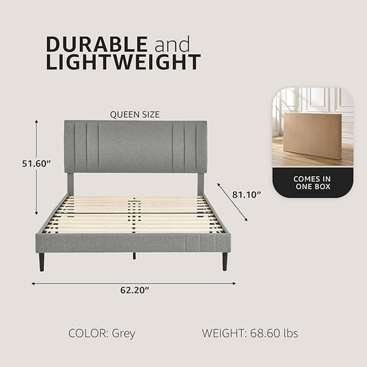 Decoro Chicago Modern Tufted Upholstered Platform Queen Size Bed Frame, Grey
