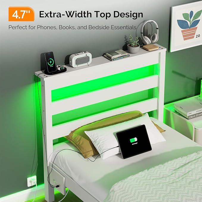 VINGLI Solid Wood Twin Bed Frame with LED Lights & USB Charging, Platform Bed with Storage Headboard Shelf, No Box Spring Needed, Noise-Free, Easy Assembly,White