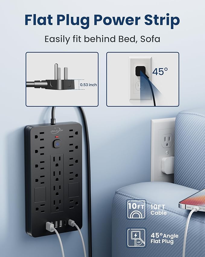 Surge Protector Power Strip-14 Outlets and 6 USB Ports, 10 Feet Flat Plug Extension Cord, 1850 Joules, Black, ETL Listed for Home, Office, Dorm Room