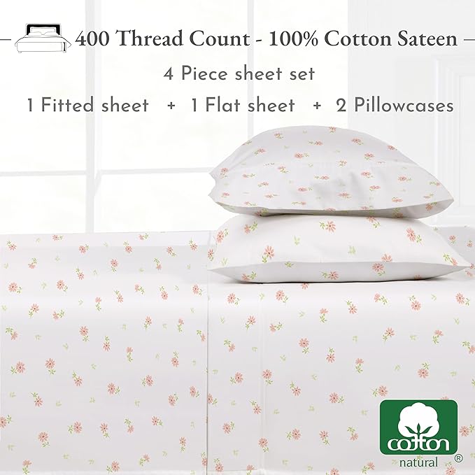 California Design Den Queen Sheet Set - 400 Thread Count Sateen, Natural 100% Cotton Sheets, Deep Pocket and Durable Bedding - Soft Floral CaliforniaDesignDen