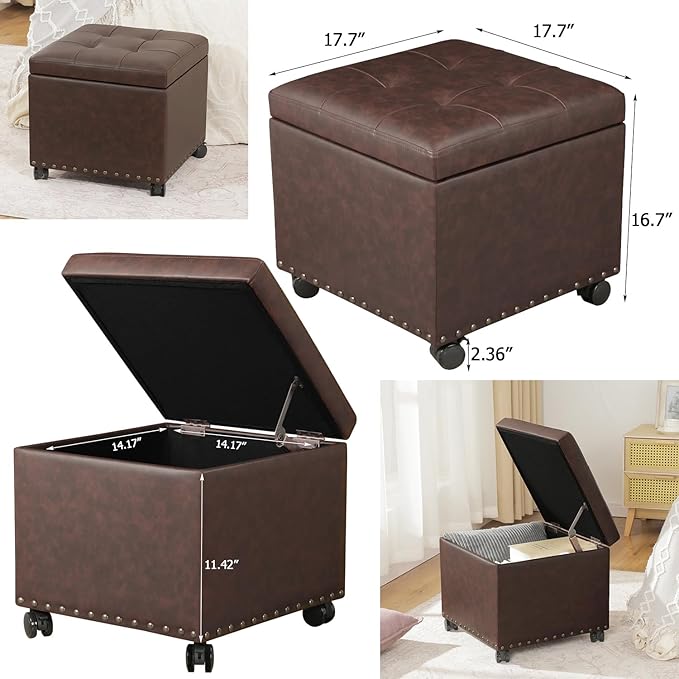 Ottoman with Wheels, 17 Inch Ottoman Footstool with Wheels, Small Square Faux Leather Ottomans Foot Rest Brown Rolling Storage Bench, Hassocks and Ottomans, Footstools for Living Room