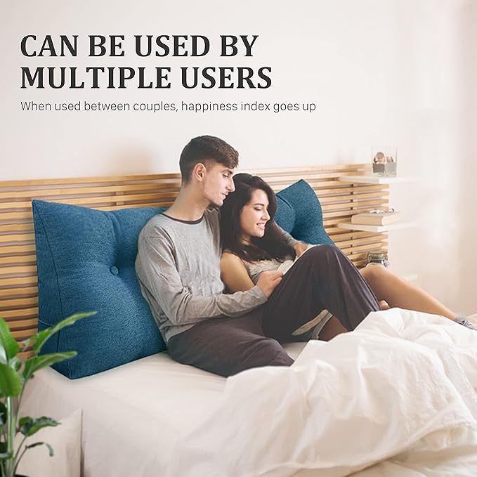 11 lbs Thickened Headboard Pillow Wedge Pillow Headboard Reading Pillow Bed for Comfortable Backrest Reading Triangular Pillow with Side Pocket for Sitting in Bed Cotton Linen Blue Queen