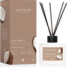 Soul & Scents Reed Diffuser Set – Coconut | 7.43 oz Refillable Scented Oil with 6 Fiber Sticks | Long-Lasting Home Fragrance & Air Freshener for Bedroom, Bathroom, Office | Gift & Décor Piece