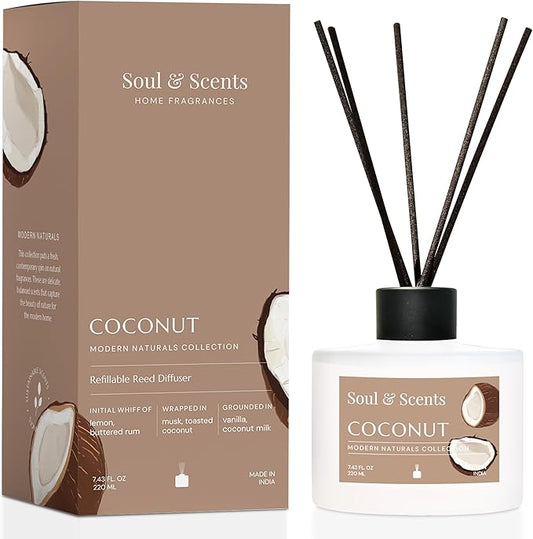Soul & Scents Reed Diffuser Set – Coconut | 7.43 oz Refillable Scented Oil with 6 Fiber Sticks | Long-Lasting Home Fragrance & Air Freshener for Bedroom, Bathroom, Office | Gift & Décor Piece