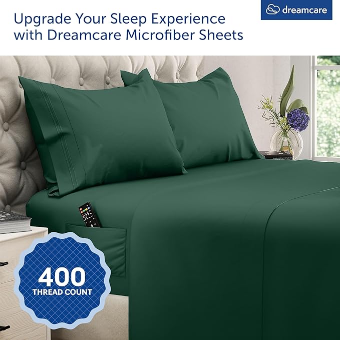 DREAMCARE Queen Sheet Set – 4 pcs Cooling Sheets – up to 21” Extra Deep Pocket Queen Sheets – Hotel Luxury Pillowcases – Superior Softness 100% Microfiber with Side Pocket - Emerald Green DREAMCARE