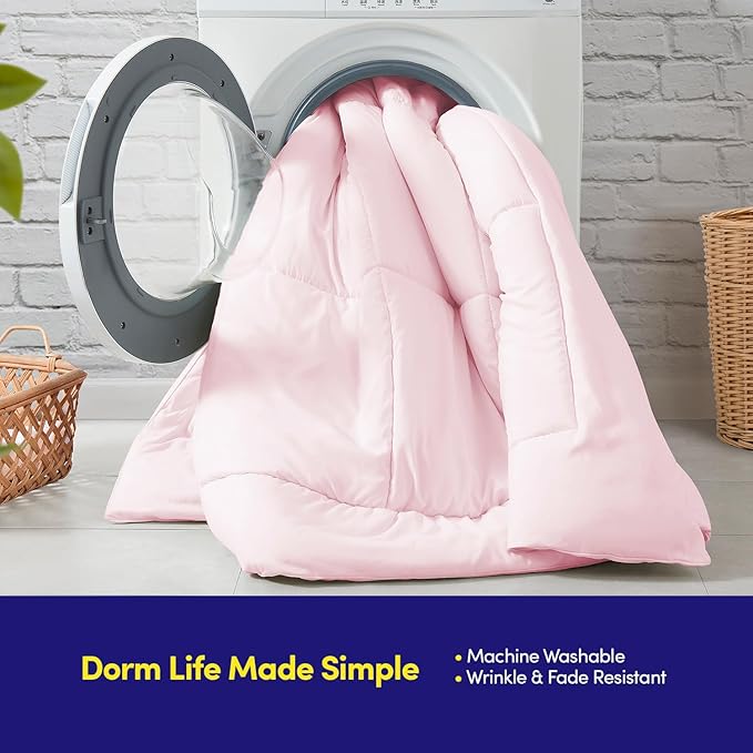 Dorm Room Essentials College Bedding Comforter Set 5 Piece Twin Size Bed in a Bag for College Students Boys and Girls, Twin, Pale Pink