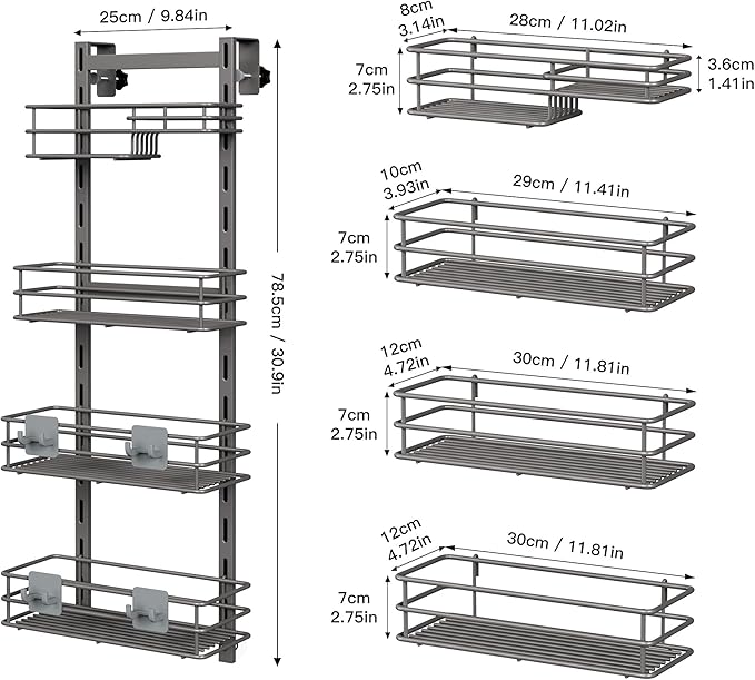 Orimade Over The Door Shower Caddy Adjustable 4 Tier Dark Grey,Bathroom Hanging Organizer Shelf Rustproof with 4 Hooks,Shower Basket with Soap Holder and Suction Cup